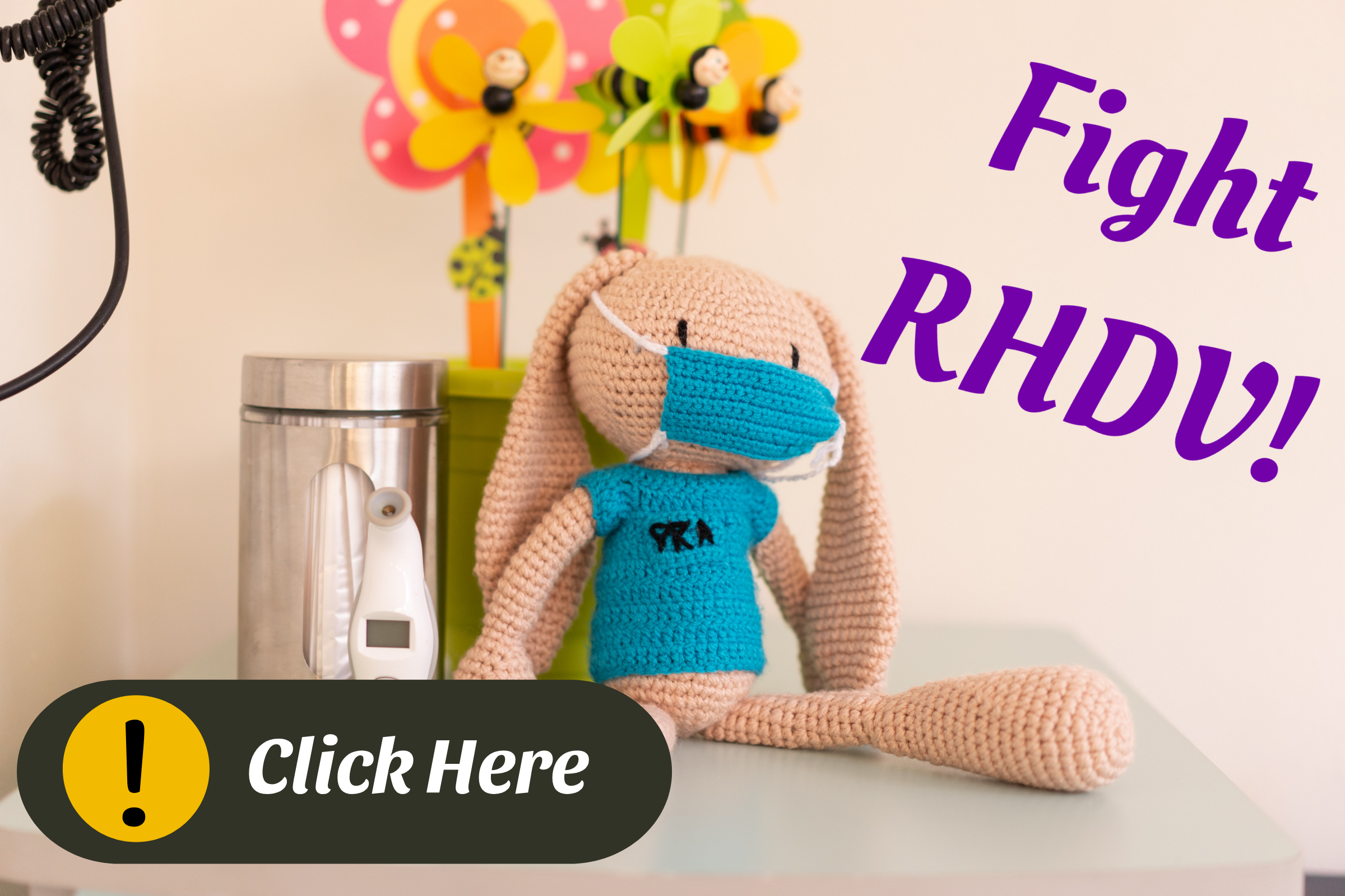 A picture of a bunny doll in an urgent care that takes you to our House Rabbit Society's information on the RHVD disease. 